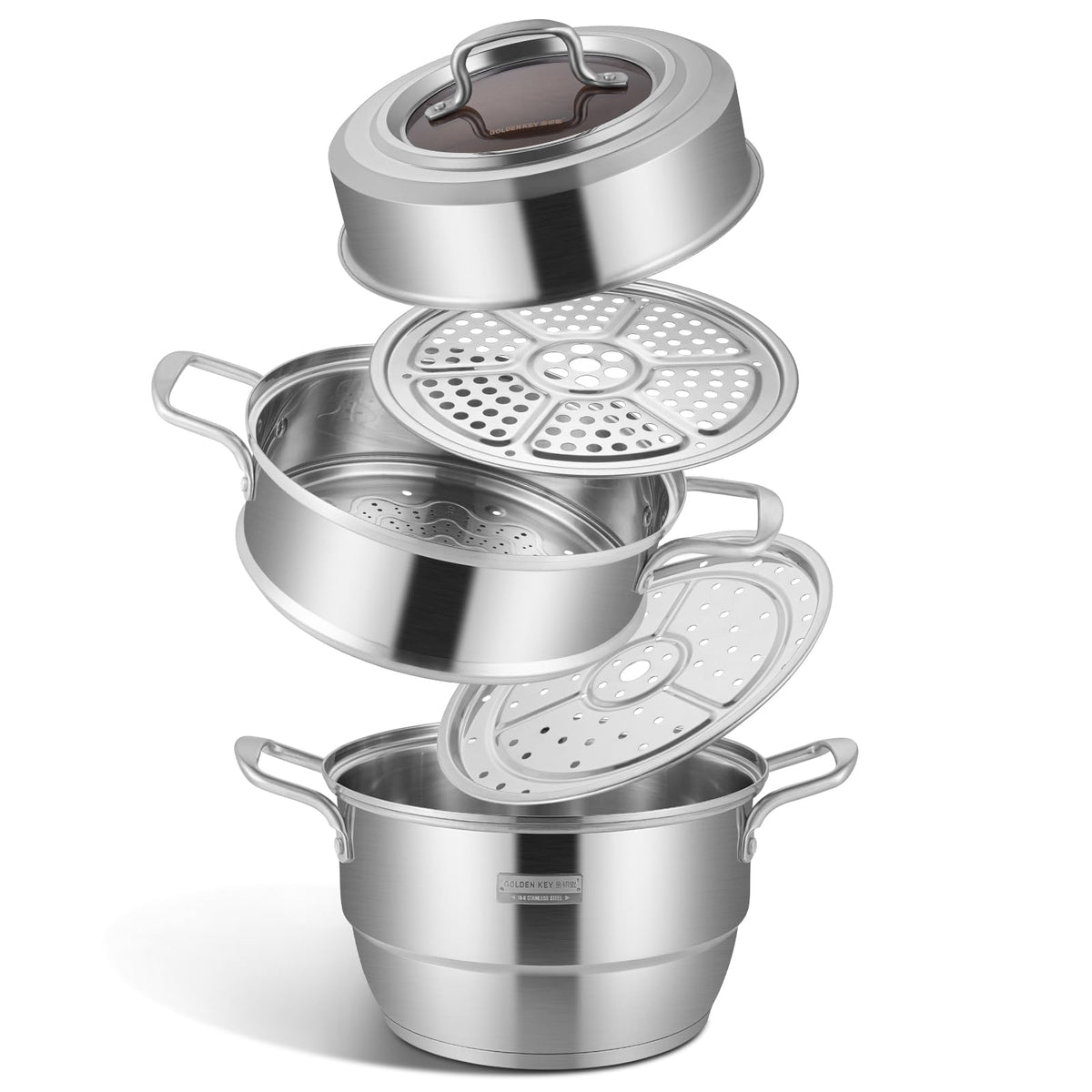 GOLDEN KEY 3.2 QT Steamer Pot With Lid - 2-Tier 18/8 Stainless Steel,Multipurpose Steaming Cookware with Vegetable Steam Basket, Oven & Dishwasher Safe, Triple Bottom for Even Heating, Perfect for Dumplings, Seafood and Vegetables