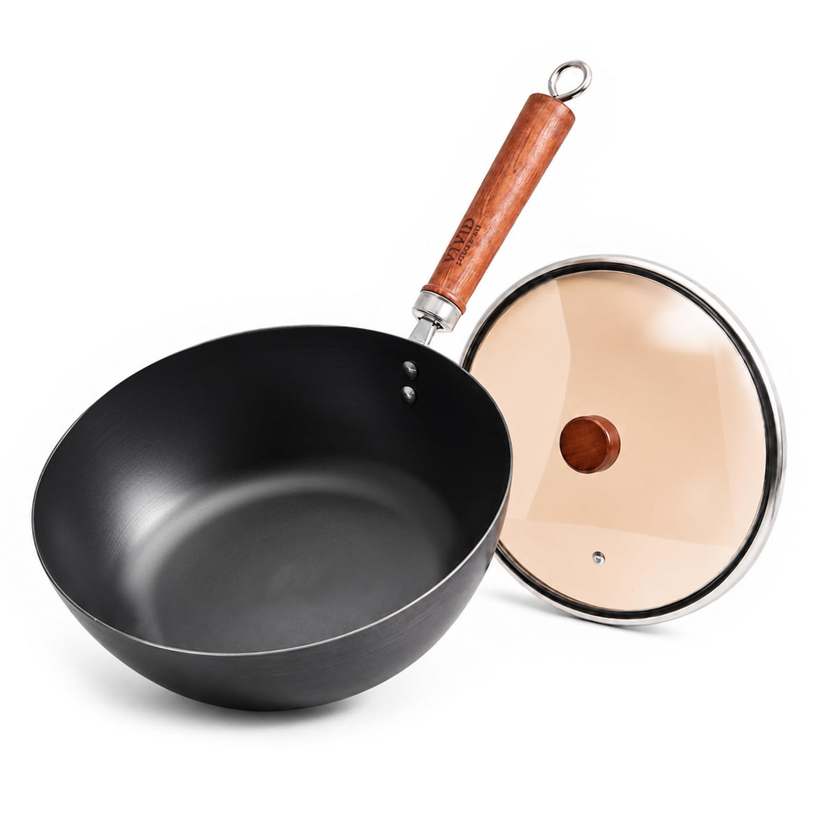 Small Carbon Steel Wok with Lid, 7-Inch 1.5QT Flat Bottom Pan