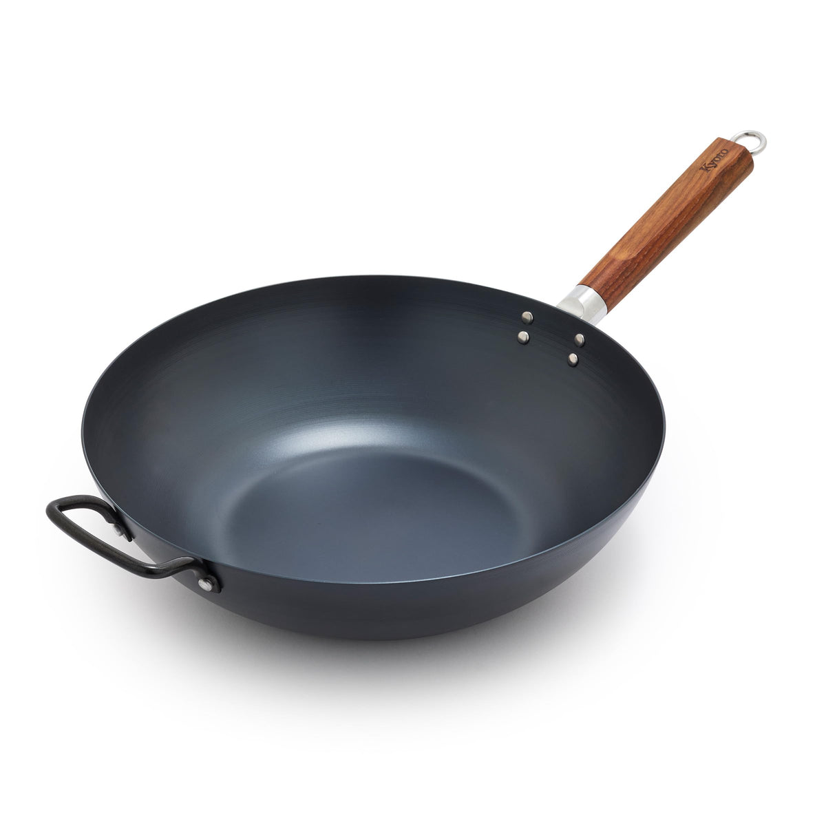GreenPan Carbon Steel Wok 12”, Flat Bottom, Durable Stir-Fry Pan, Pre-Seasoned Nonstick Patina, High Heat Retention, Induction, Ash Wood Handle, Kyoto, Black