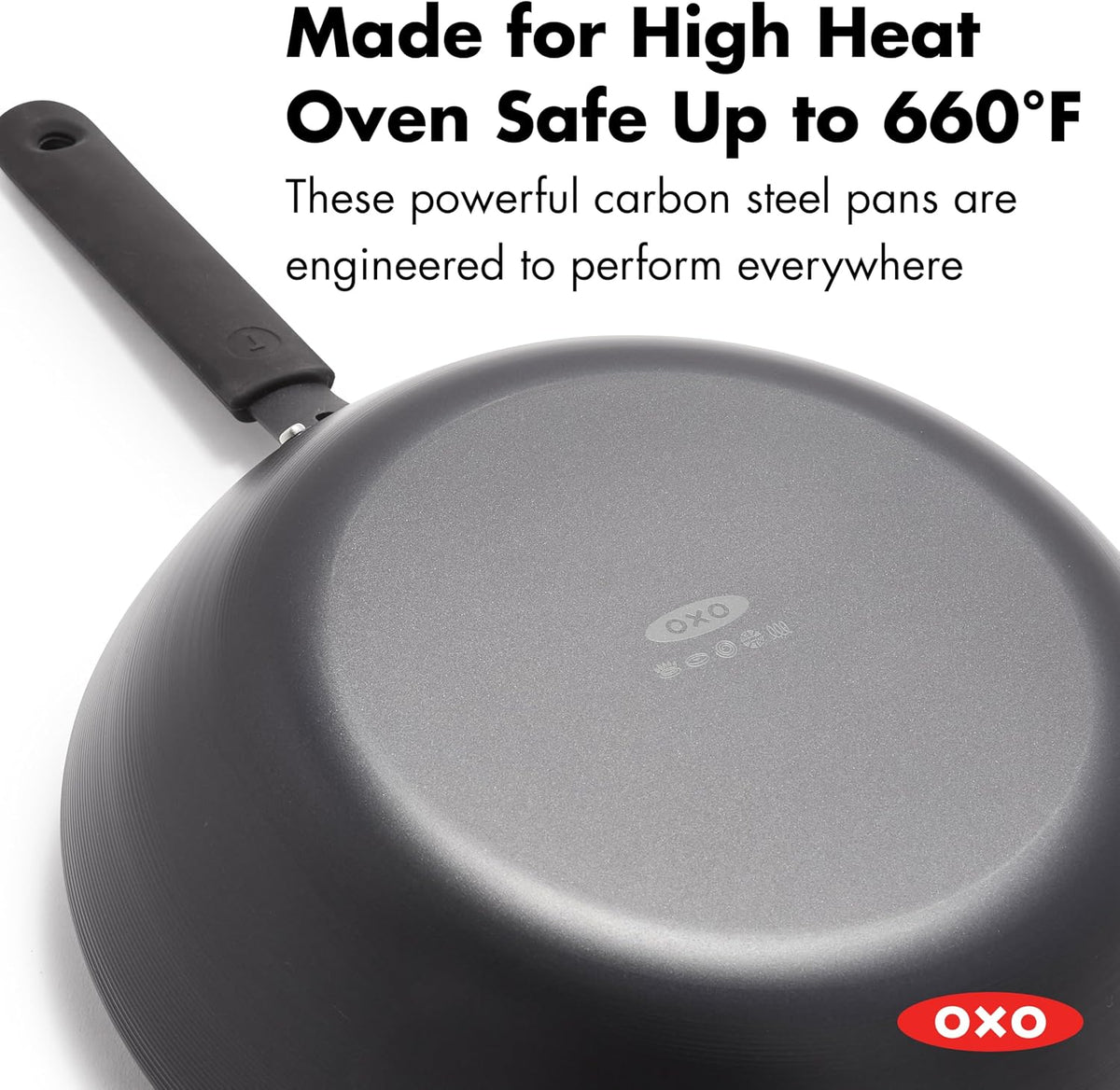 OXO Obsidian Pre-Seasoned Carbon Steel, 12" Wok Pan with Removable Silicone Handle Holder, Induction, Oven Safe, Black