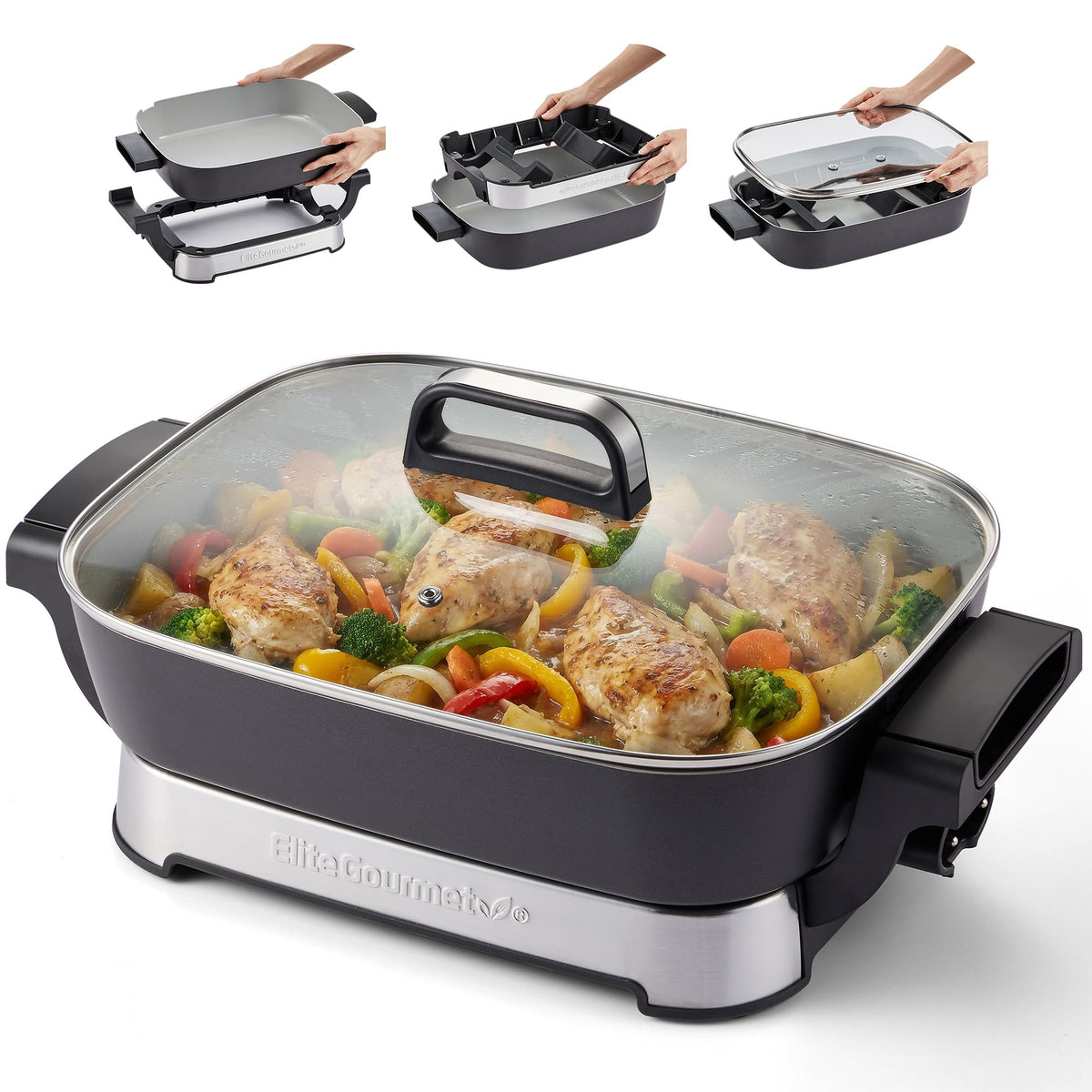 Elite Gourmet 12" PFAS-Free Ceramic Electric Skillet, 1200W, Extra-Deep