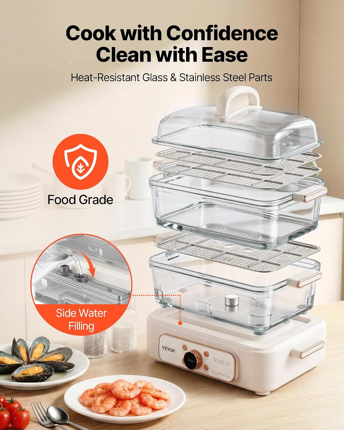 VEVOR Electric Food Steamer 10.6 QT Glass with 3-Tier Stainless Steel Trays, 1200W Vegetable Steamer for Cooking, 2-4 Servings, Pre-Programmed Settings, Delay Start, for Veggies, Seafood & Rice, White