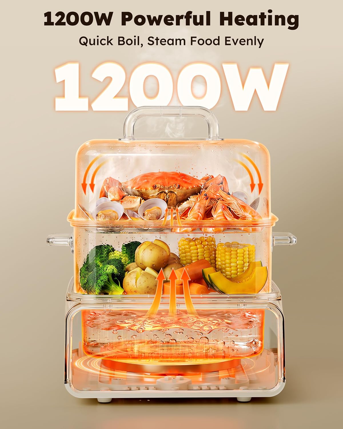 12QT Electric Food Steamer for Cooking, 2-Tier Steam Tray & Hot Pot