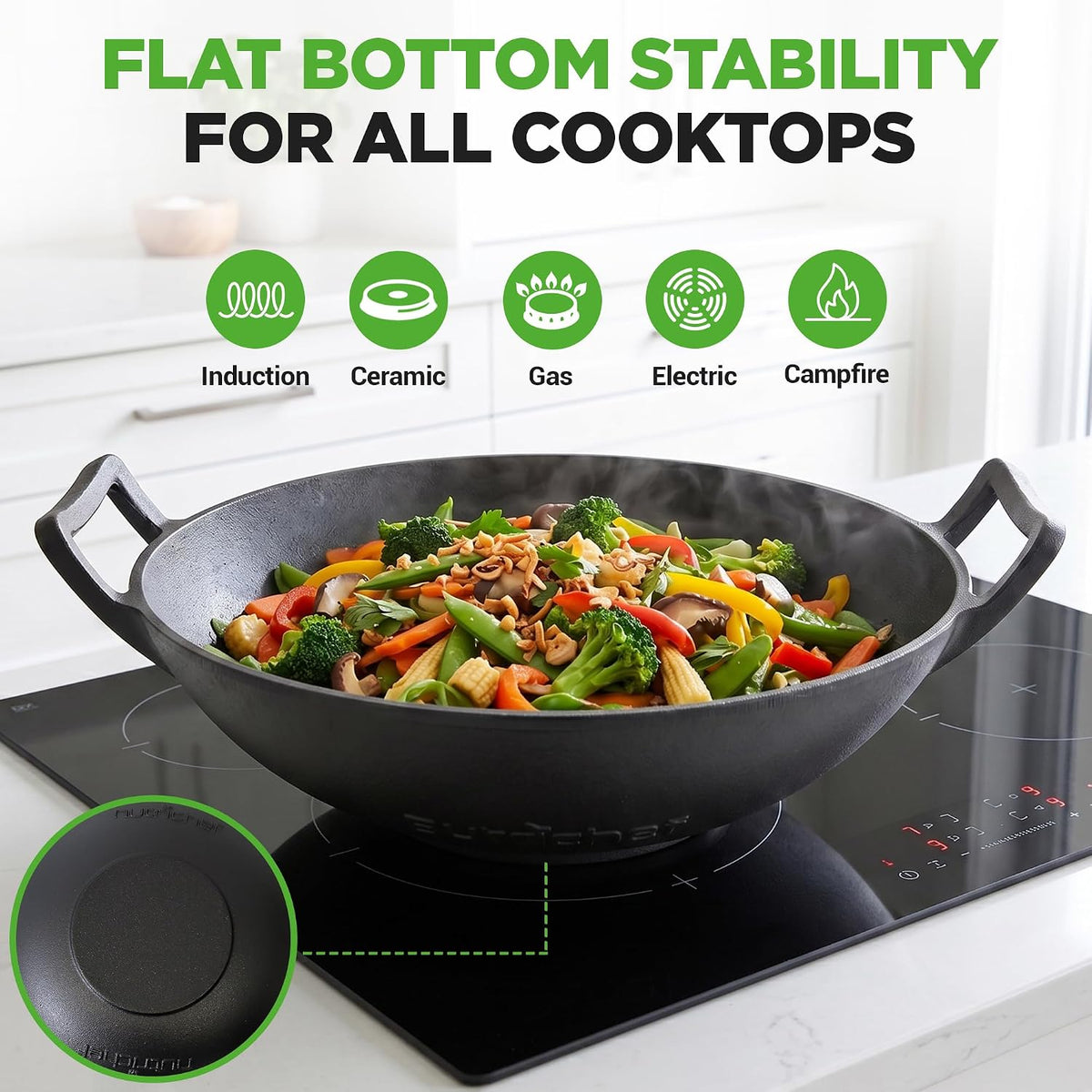 NutriChef 14" Cast Iron Wok with Wooden Lid - Pre-Seasoned Kadai for Stir-Fry with Loop Handles, Compatible with Multiple Cooktops Including Induction, Large 5.8 Qt Capacity