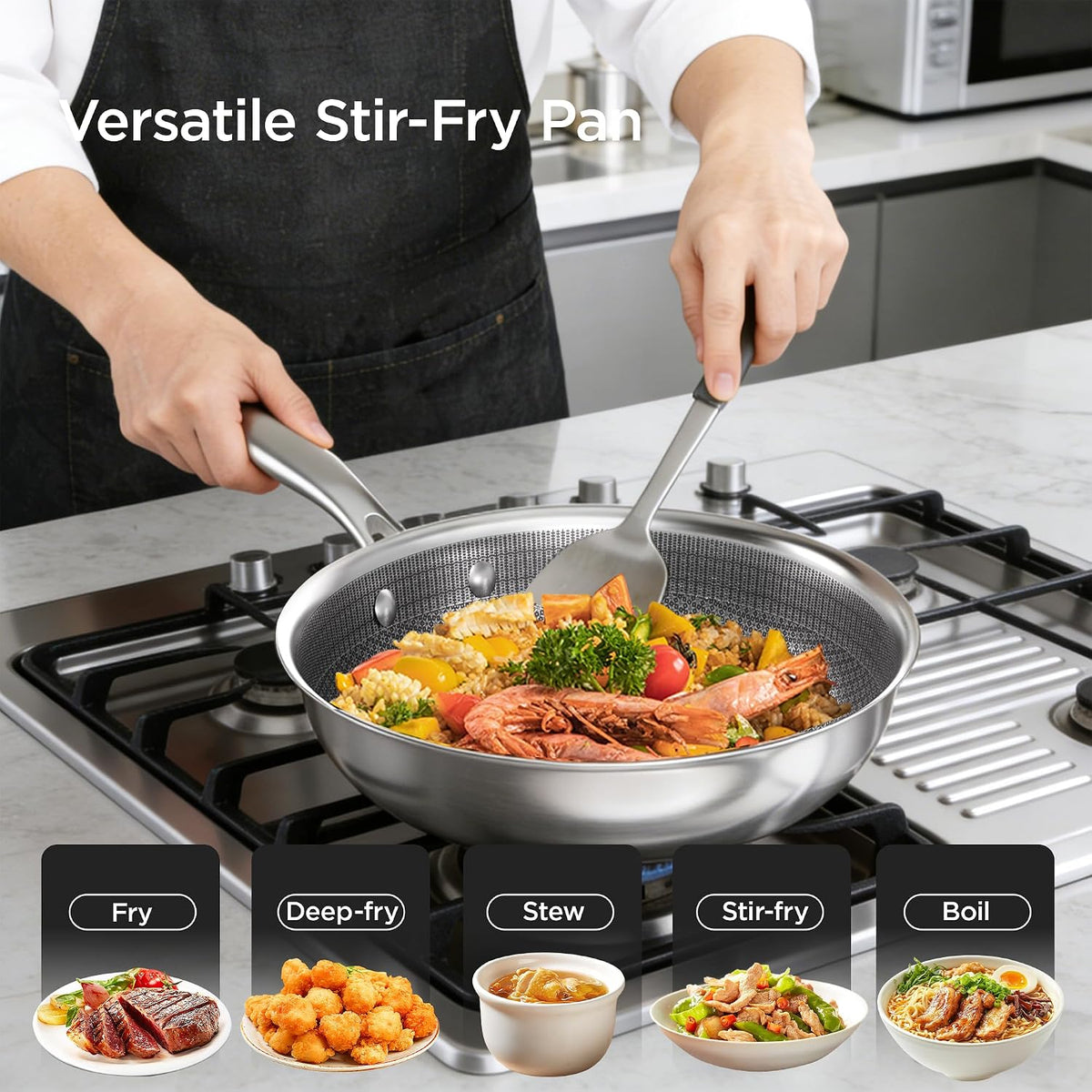 COOKER KING 11" Hybrid Wok Pan with Lid, Nonstick Deep Skillet for Stir-Fry