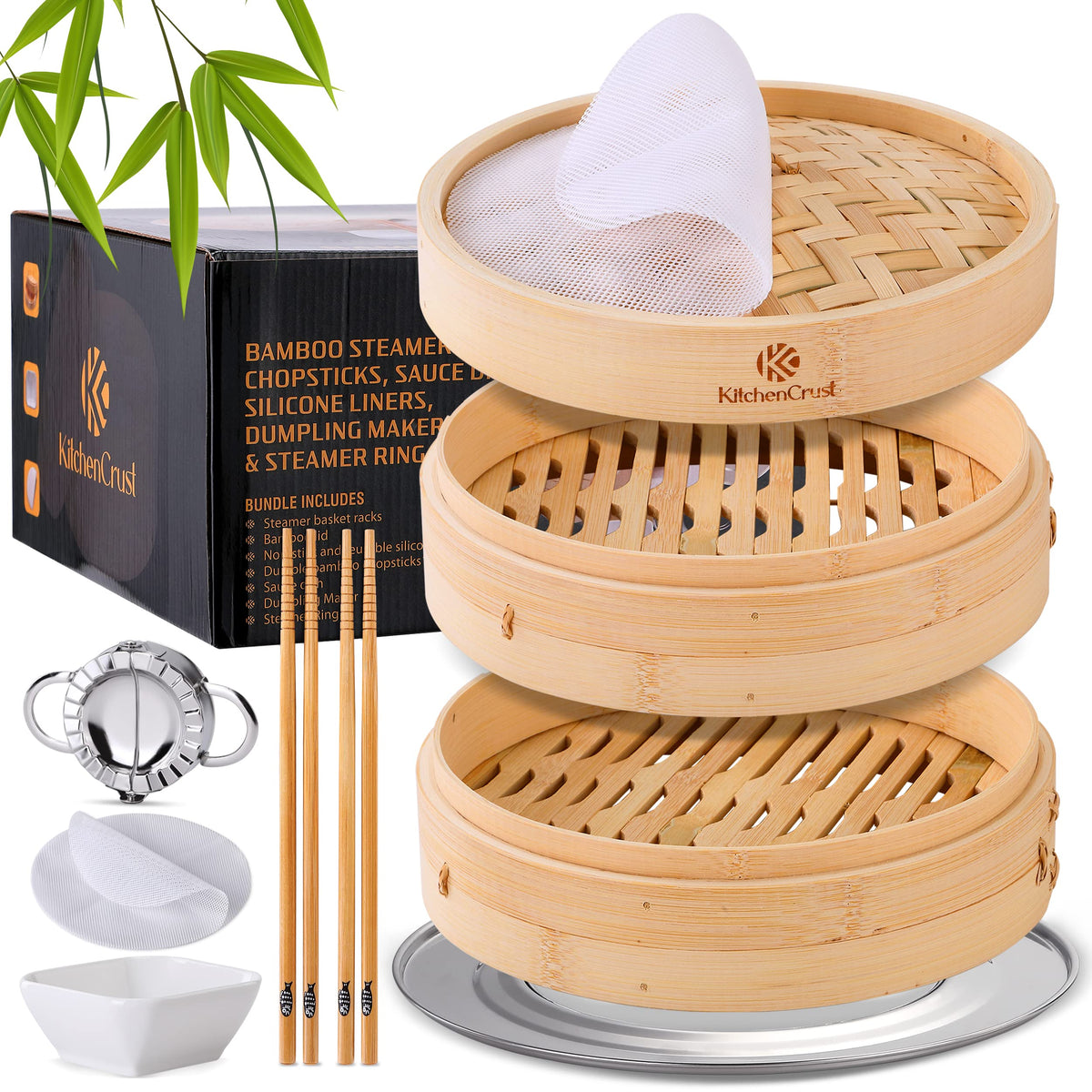 KitchenCrust Bamboo Steamer Basket 10 Inch With Ring, 2 Tier Dumpling Set