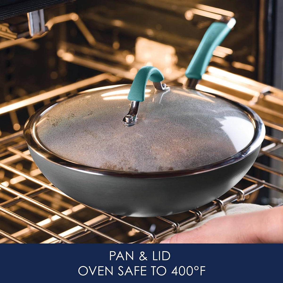 Rachael Ray Cucina Hard-Anodized Nonstick Covered Stir Fry Pan, 11-Inch, Gray, Agave Blue Handles