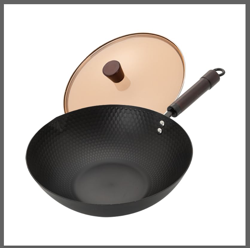 Amercook 12 Inch Carbon Steel Wok with Lid, Pre-Seasoned Flat Bottom Wok Pan, 5.5QT Nonstick Chinese Woks & Stir-Fry Pans for Induction, Gas, Electric Stovetop, Uncoated No Chemical (12.60-in)