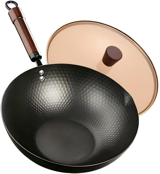 Amercook 12 Inch Carbon Steel Wok with Lid, Pre-Seasoned Flat Bottom Wok Pan, 5.5QT Nonstick Chinese Woks & Stir-Fry Pans for Induction, Gas, Electric Stovetop, Uncoated No Chemical (12.60-in)