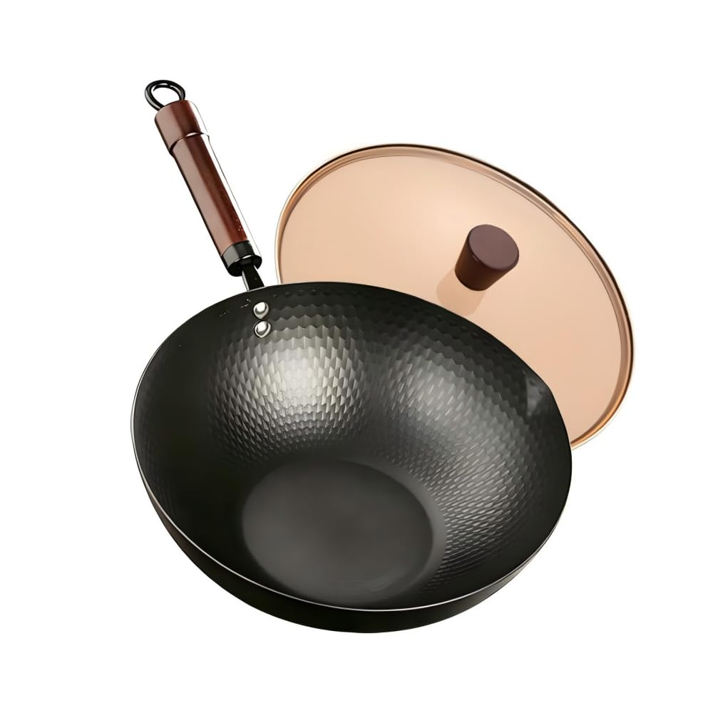 Amercook 12 Inch Carbon Steel Wok with Lid, Pre-Seasoned Flat Bottom Wok Pan, 5.5QT Nonstick Chinese Woks & Stir-Fry Pans for Induction, Gas, Electric Stovetop, Uncoated No Chemical (12.60-in)