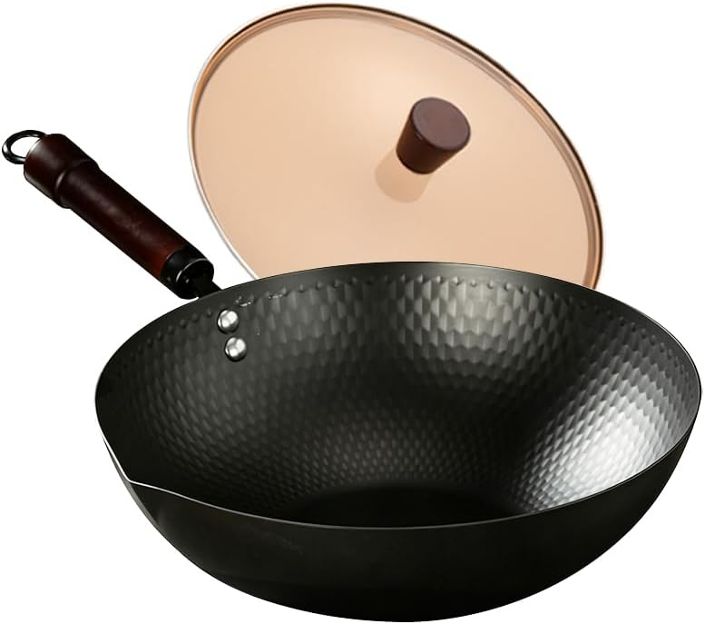 Amercook Cast Iron Wok, Frying Pan, Chinese Wok, Flat Bottom Cookware, Non-Stick Easy To Clean For Frying, Stir-Frying, Cooking, PFOA-Free, Dishwasher Safe Compatible With All Kitchen (12.59-in)
