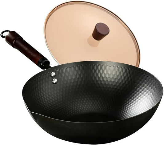 Amercook Cast Iron Wok, Frying Pan, Chinese Wok, Flat Bottom Cookware, Non-Stick Easy To Clean For Frying, Stir-Frying, Cooking, PFOA-Free, Dishwasher Safe Compatible With All Kitchen (12.59-in)