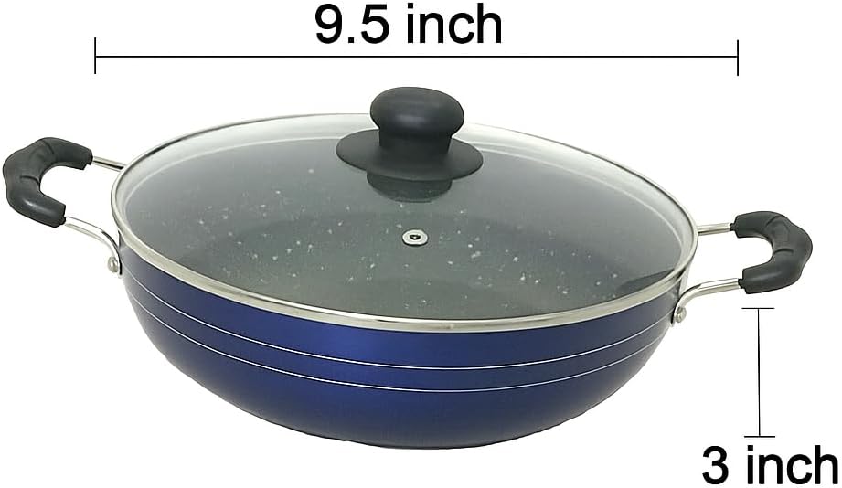 Deep Kadhai Induction Base Non-Stick Kadai with Glass Lid Frying Wok Flat Bottom Non Stick All Purpose Pan Aluminum Kadhai Deep Fry Pan 2.2 litre