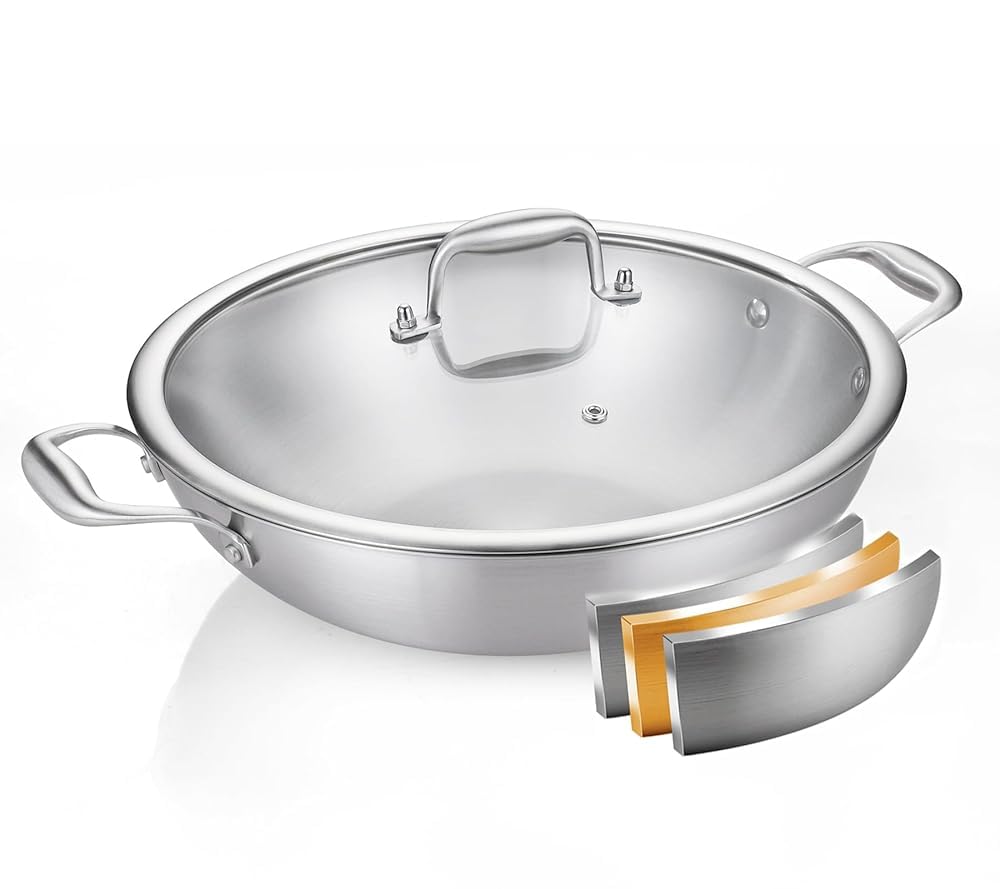 DELARLO Tri-Ply Stainless Steel Woks, 12 Inch Healthy Non-Toxic Cooking Wok Pan with Lid, Wide & Deep Cookware Stir-Fry Pans, Dishwasher and Oven Safe Up To 600°F, Works on Induction，Detachable Handle