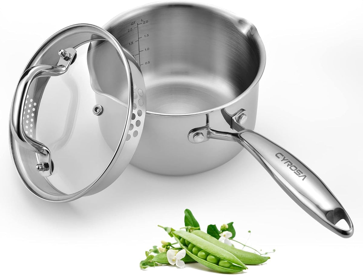 Tri-Ply Stainless Steel Sauce Pan with Steamer Basket & Straining Glass Lid— 2-in-1 Multi-Function Pot for Steaming, Boiling & Simmering — Healthy, Durable, Rust-Resistant, Professional-Grade Cookware