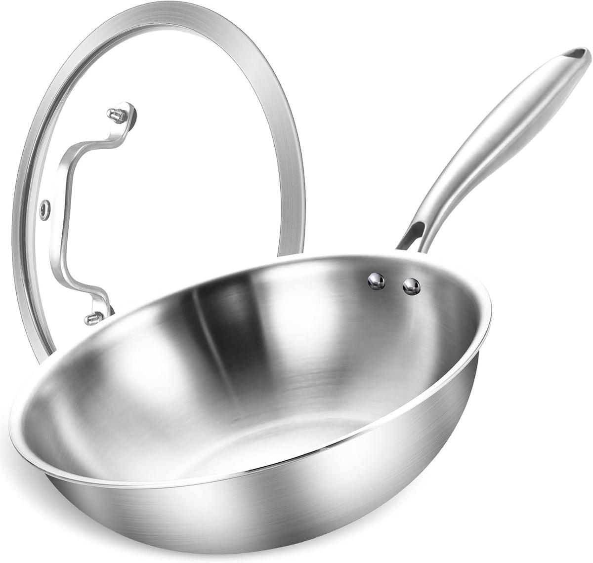 LOLYKITCH 10-Inch Stainless Steel Wok with Glass Lid | Riveted Handle