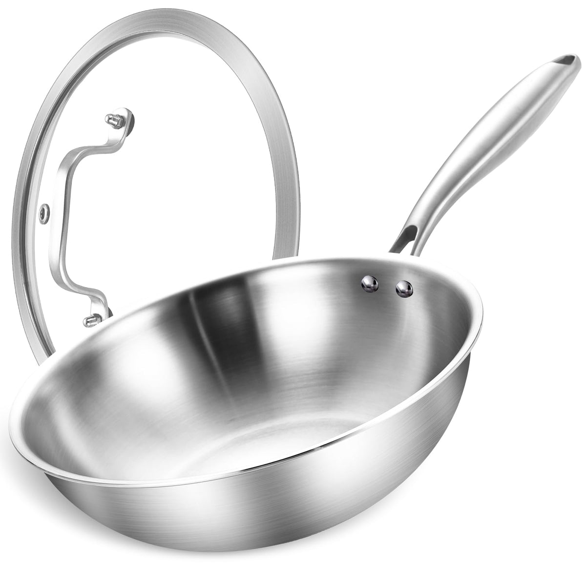 LOLYKITCH 10-Inch Stainless Steel Wok with Glass Lid | Riveted Handle