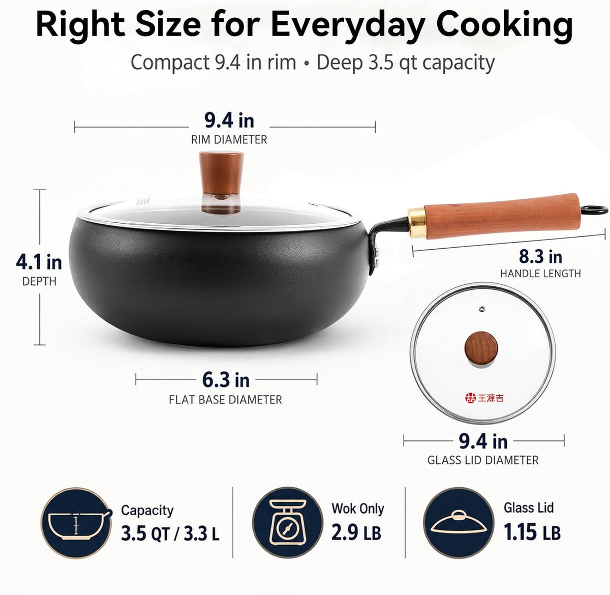 WANGYUANJI 9.5-Inch Carbon Steel Wok with Lid, Flat Bottom Stir Fry Pan