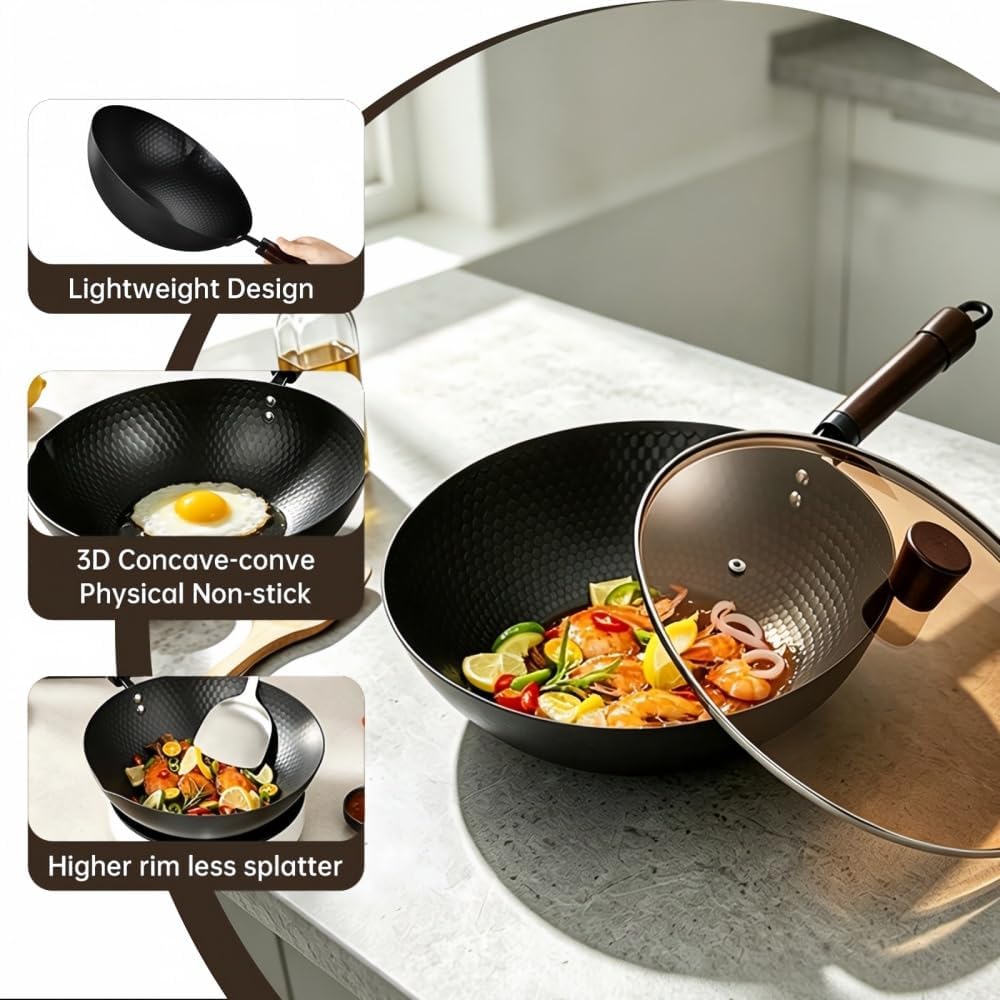 Amercook Cast Iron Wok, Frying Pan, Chinese Wok, Flat Bottom Cookware, Non-Stick Easy To Clean For Frying, Stir-Frying, Cooking, PFOA-Free, Dishwasher Safe Compatible With All Kitchen (12.59-in)