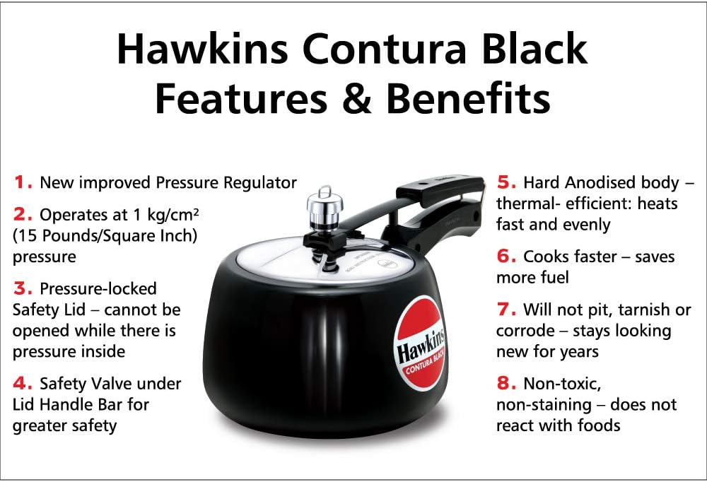 Hawkins 3 Litre Contura Black Pressure Cooker, Hard Anodised Inner Lid Cooker, Handi Cooker, Black (CB30)