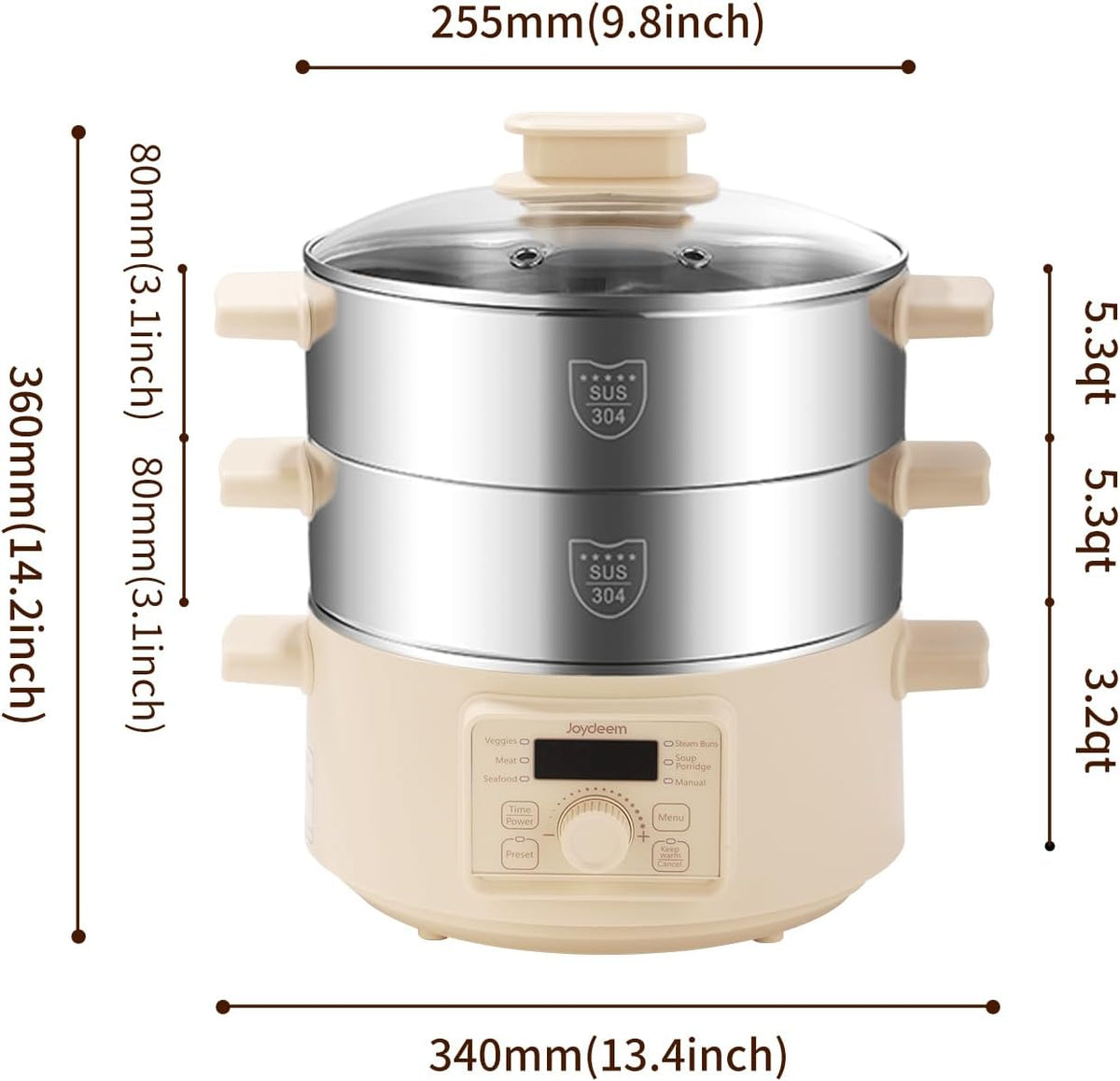 Joydeem Electric Food Steamer for Cooking, 2-Tier Stainless Steel Vegetable & Food Steamers, 13L/13.7 qt Large Capacity, DZG-A100