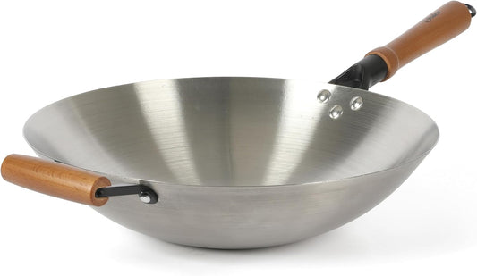 Oster Sangerfield 14-Inch Stainless Steel Wok With Wood Handles, Durable Non-Stick Stir Fry Pan for Gas and Electric Stovetops