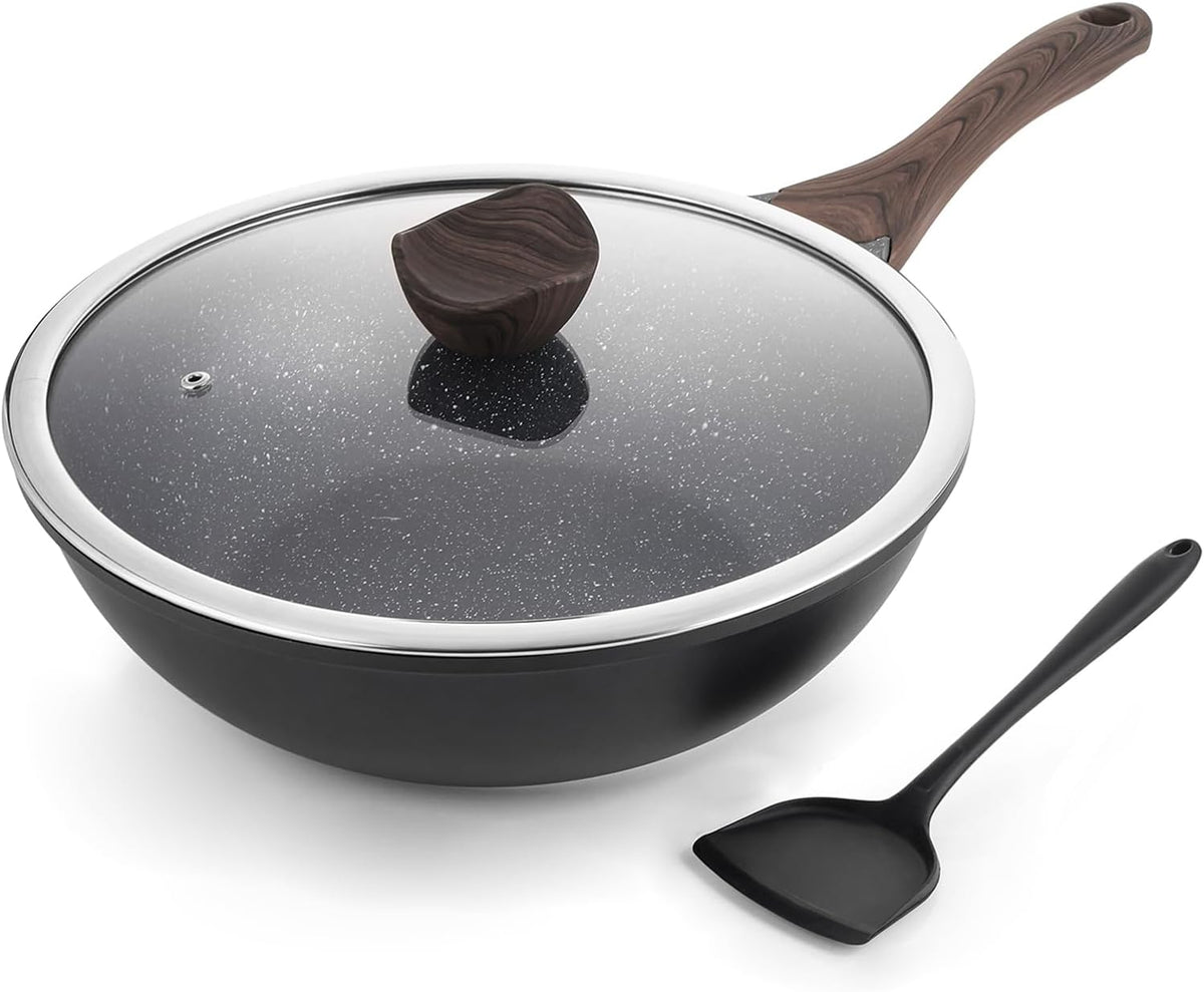 Kordisen Nonstick Wok with Lid, 12 Inch Woks & Stir-fry Pans, Granite Stone Coating for Cooking, Induction Cookware, Compatible with All Stovetops, PFOA Free