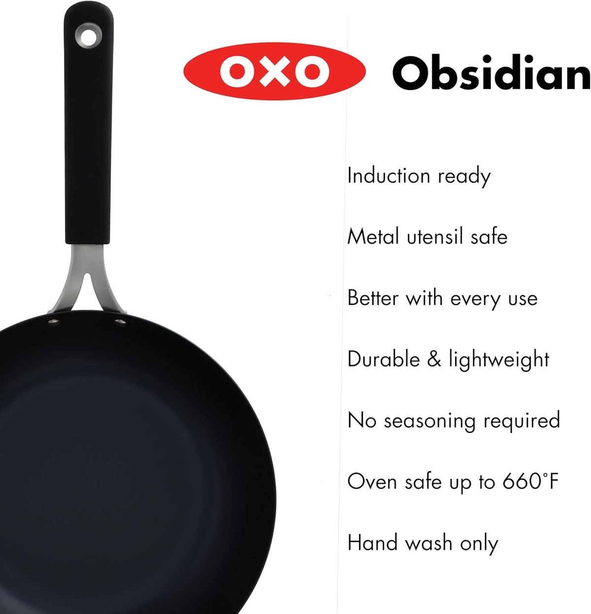 OXO Obsidian Pre-Seasoned Carbon Steel, 12" Wok Pan with Removable Silicone Handle Holder, Induction, Oven Safe, Black