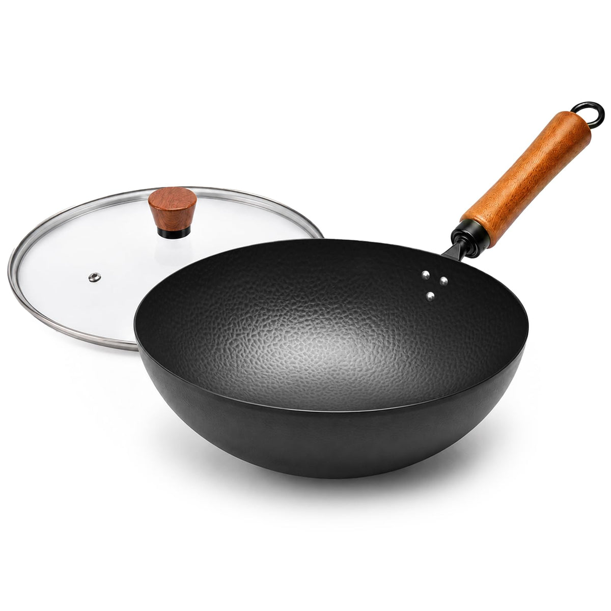 12.6 Inch Carbon Steel Wok Pan with Lid, 4.8 Qt Flat Bottom Stir Fry Pan with Self-Standing Glass Lid, Coating-Free Wood Handle Wok for Induction, Gas, Electric & Ceramic Stovetops