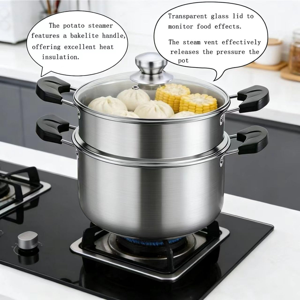 3.4QT Steamer for Cooking,Stainless Steel Steamer Pots with Vegetable Steam Basket,Glass Lid,Cooking Stock Pot with Handle for Vegetable, Dumplings, Soup, Food