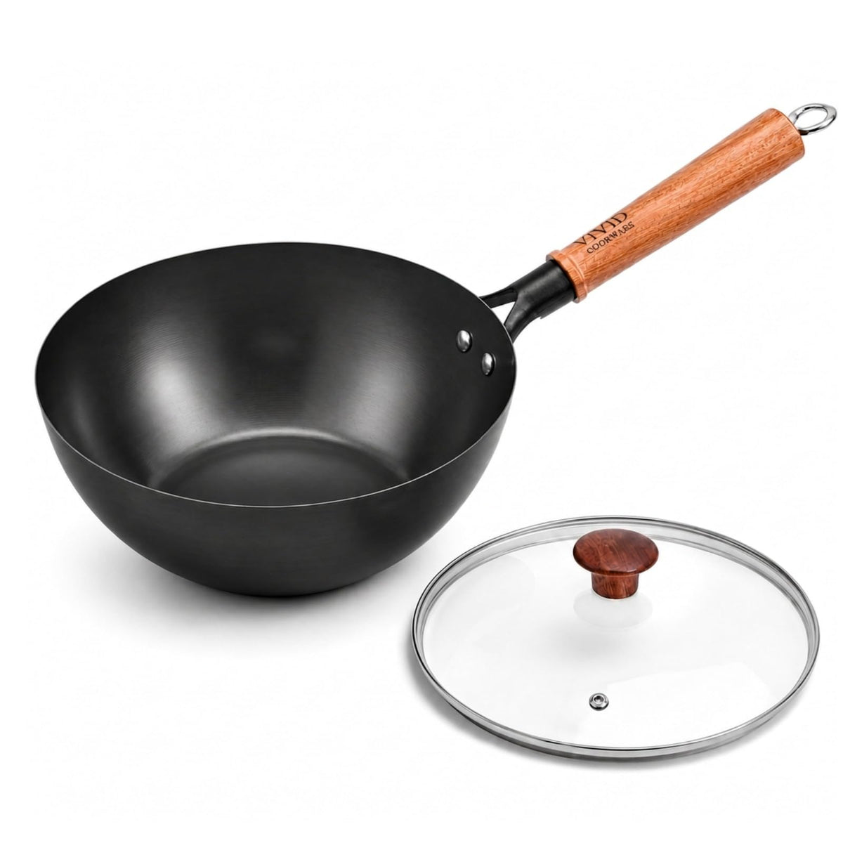 12.6 Inch Carbon Steel Wok Pan with Lid, 4.8 Qt Flat Bottom Stir Fry Pan with Self-Standing Glass Lid, Coating-Free Wood Handle Wok for Induction, Gas, Electric & Ceramic Stovetops