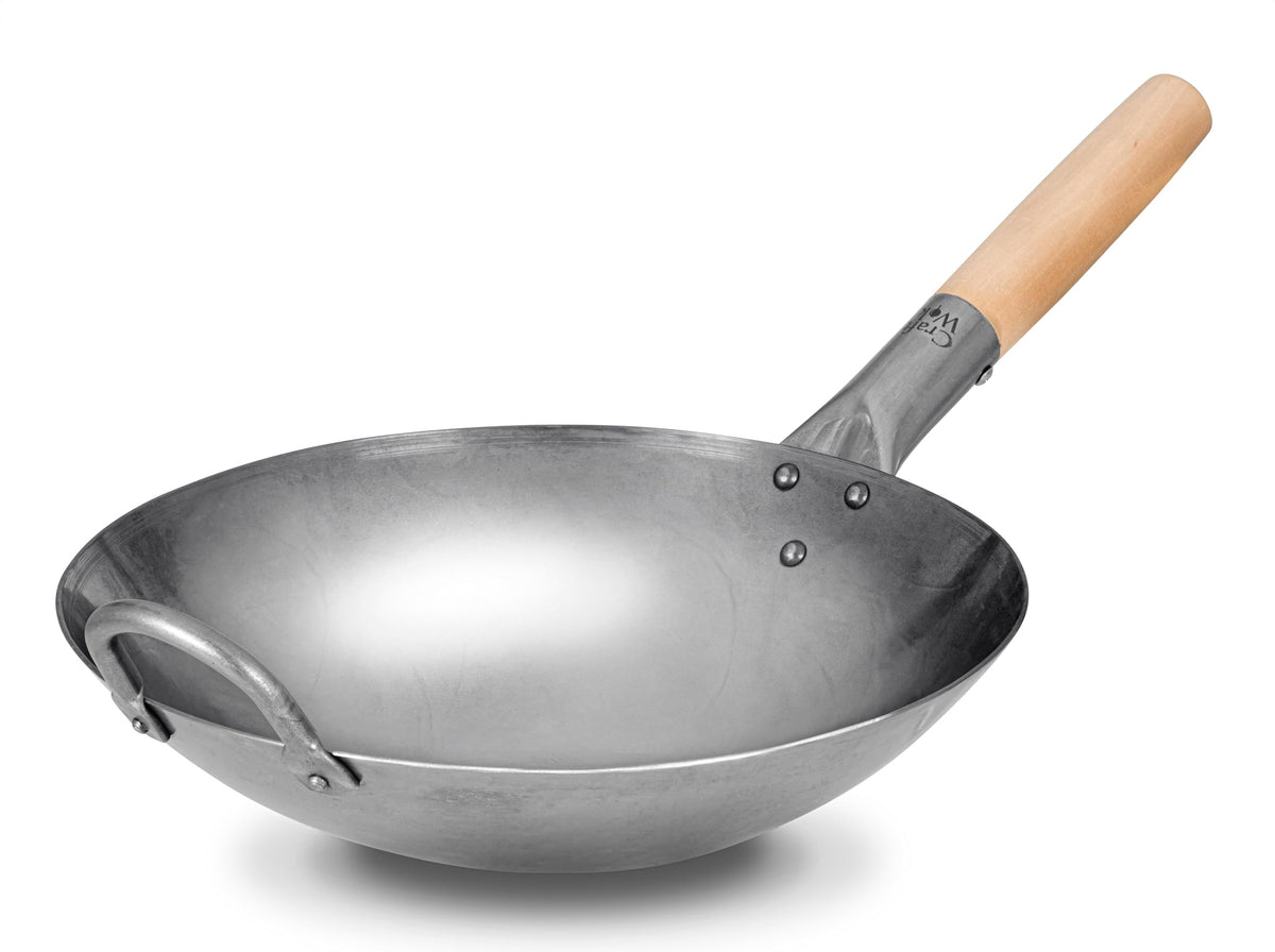 Craft Wok Traditional Hand Hammered Chinese Carbon Steel Wok with Wooden and Steel Helper Handle (14 Inch, Round Bottom Pow Wok Pan) / 731W88