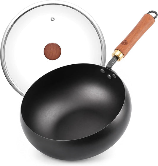 WANGYUANJI 9.5-Inch Carbon Steel Wok with Lid, Flat Bottom Stir Fry Pan