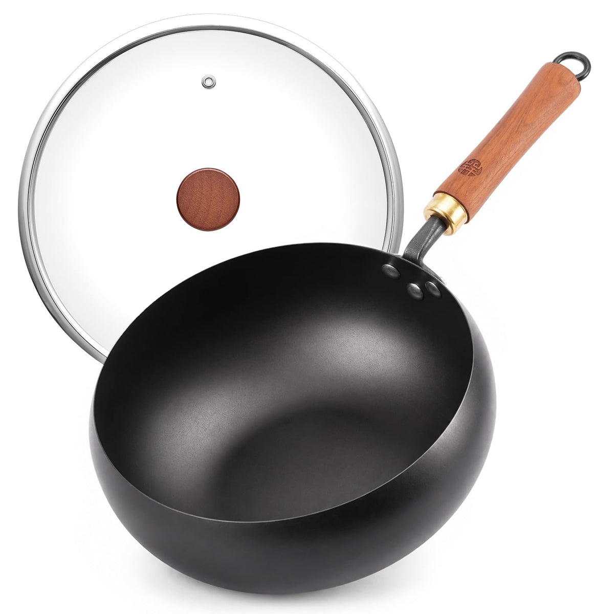 WANGYUANJI 9.5-Inch Carbon Steel Wok with Lid, Flat Bottom Stir Fry Pan