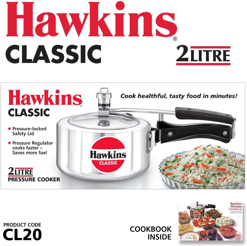 Hawkins 2 Litre Classic Pressure Cooker, Best Inner Lid Cooker, Small Cooker, Silver (CL20)