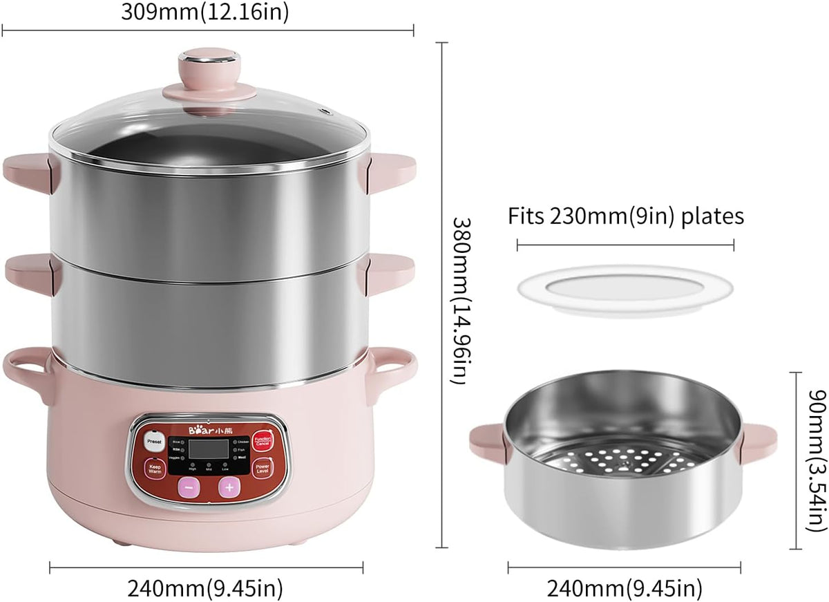 Bear Electric Multifunctional Food Steamer, One Touch Digital Steamer with Timer, Vegetable Steamer 2 Tiered Stackable Stainless Steel Baskets, Auto Shut-off & Anti-dry Protection, 1200W, 8.5Quart