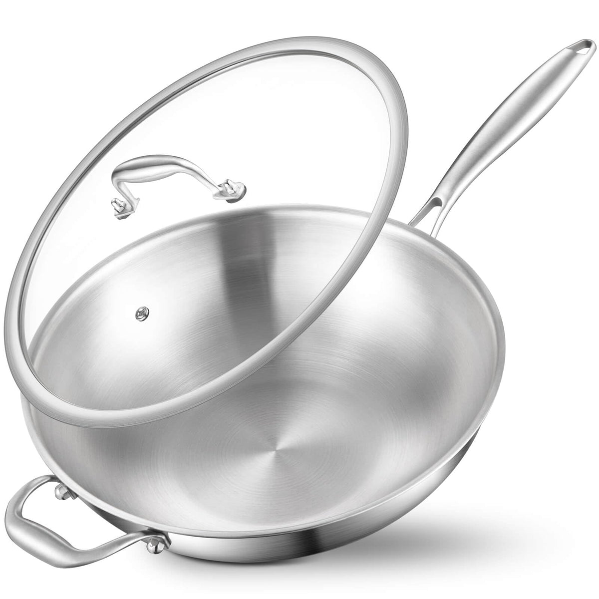 DELARLO Whole Body Tri-Ply Stainless Steel Wok 9.45 inch, Deep Kitchen Stir-Fry Pan, Small Wok Pan with Lids, Induction Mini wok, Suitable for All Stove, Up to 600℉, Detachable Handle
