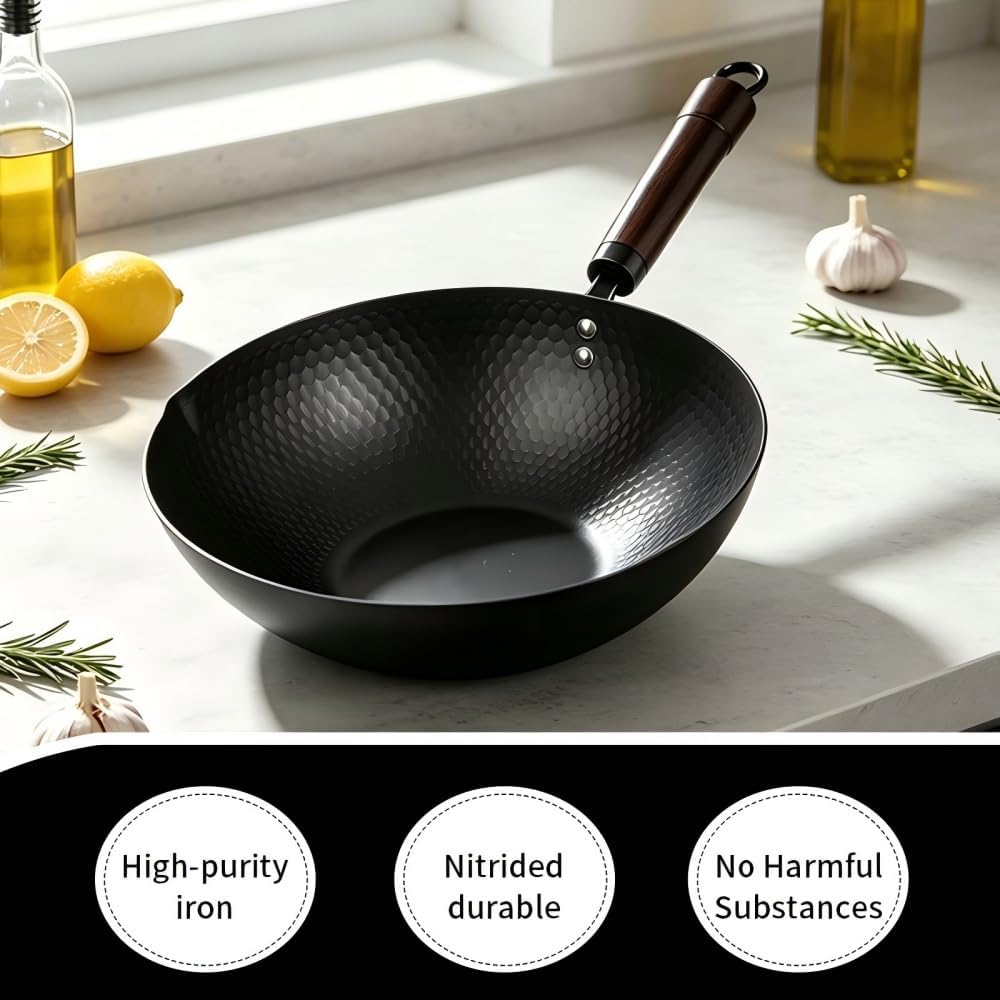 Amercook Cast Iron Wok, Frying Pan, Chinese Wok, Flat Bottom Cookware, Non-Stick Easy To Clean For Frying, Stir-Frying, Cooking, PFOA-Free, Dishwasher Safe Compatible With All Kitchen (12.59-in)