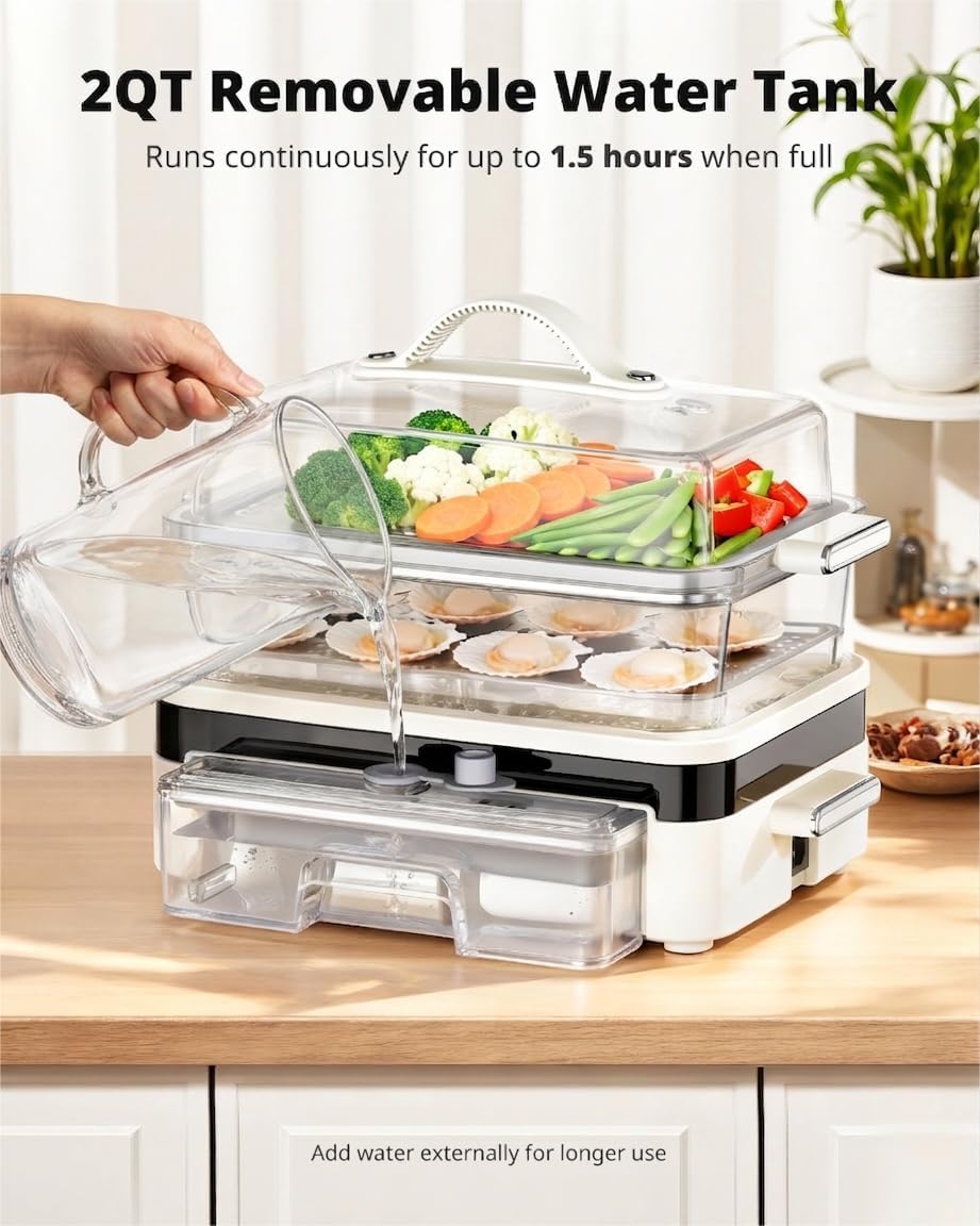AIRMSEN Glass Food Steamer for Cooking | 8.5QT 2-Tier & External Water Tank
