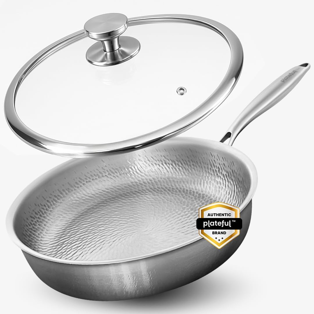 Plateful Titanium Pans For Cooking 12 Inch, No Coating Nonstick, with Lid