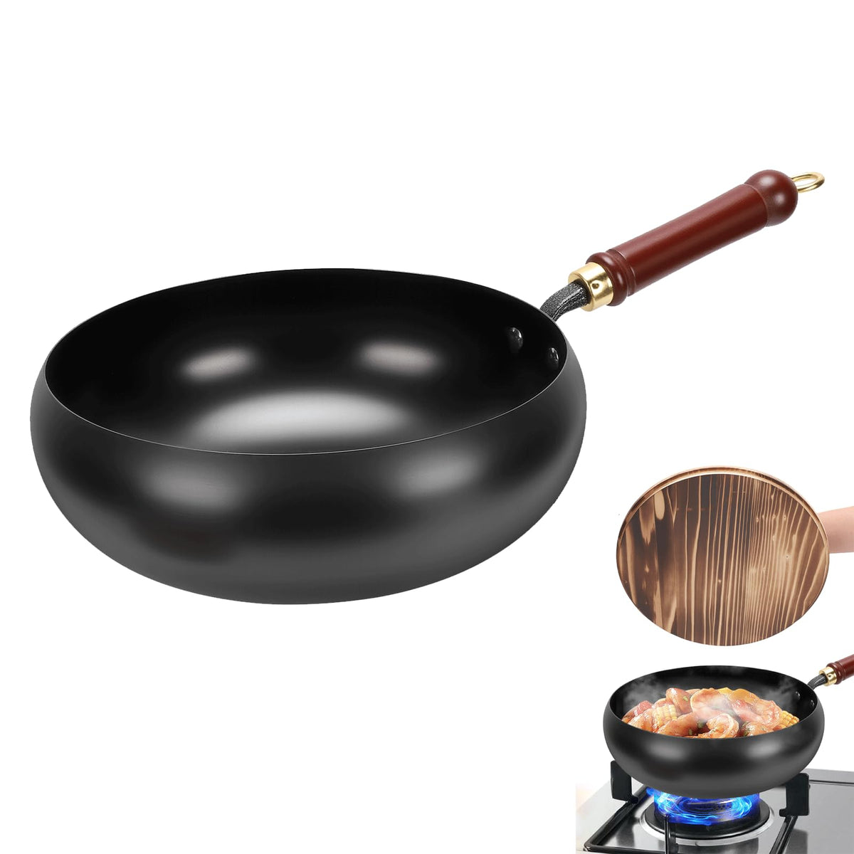 Gugxiom Suntuup Japanese Iron Pan, 28cm/11in Cast Iron Wok (Glass lid)