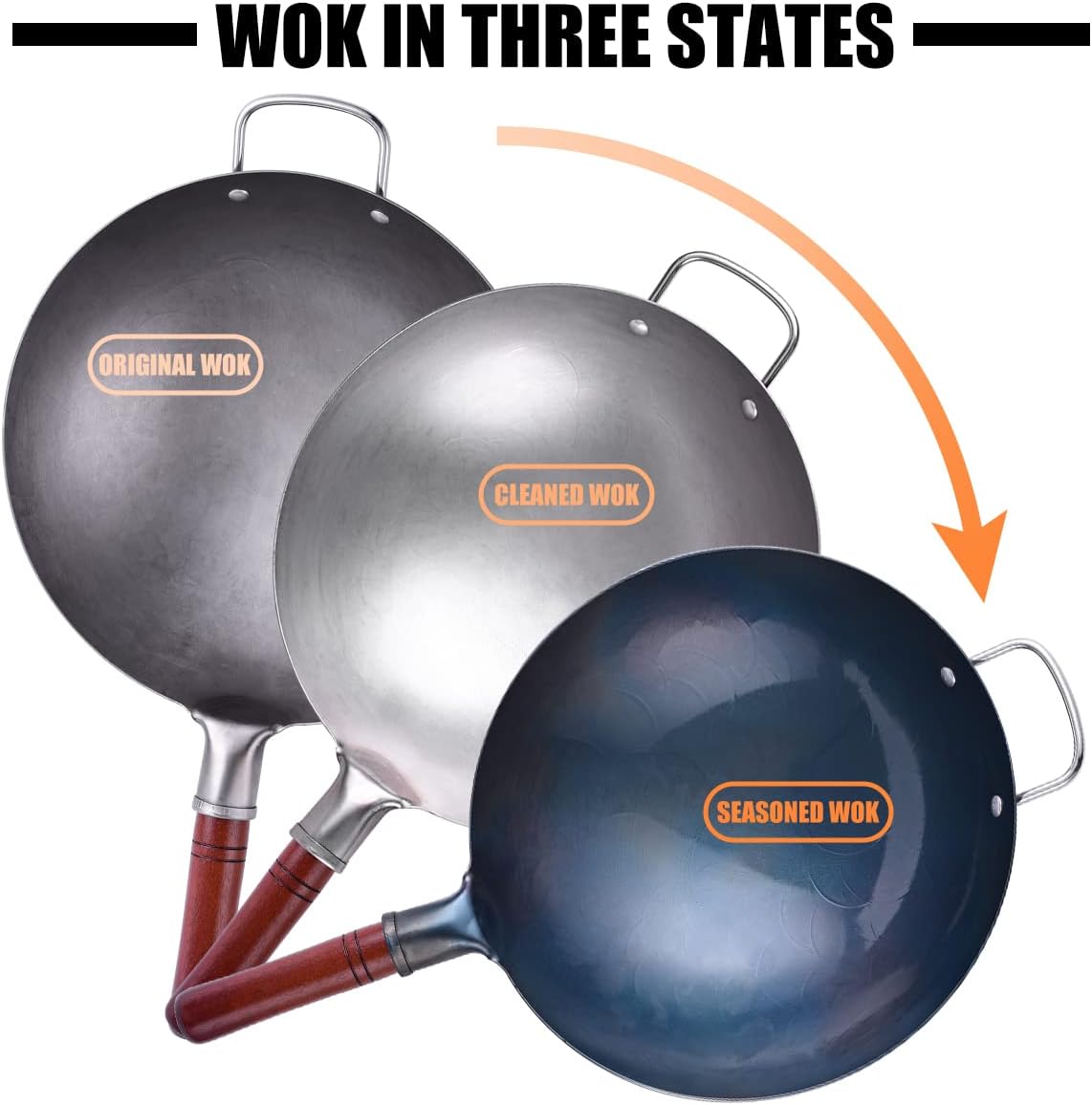 Teewe 13.4" Carbon Steel Wok Traditional Hand Hammered Round Bottom Wok