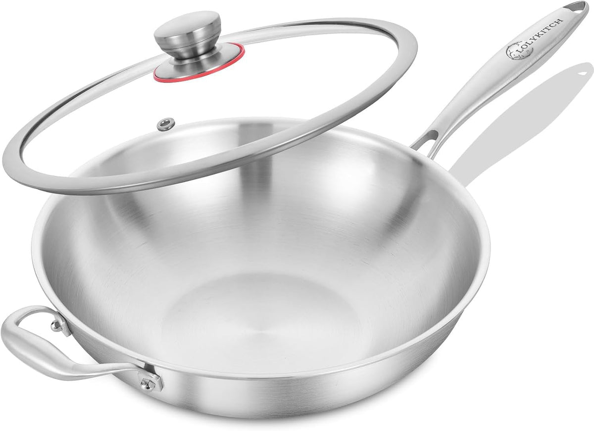 LOLYKITCH 10-Inch Stainless Steel Wok with Glass Lid | Riveted Handle