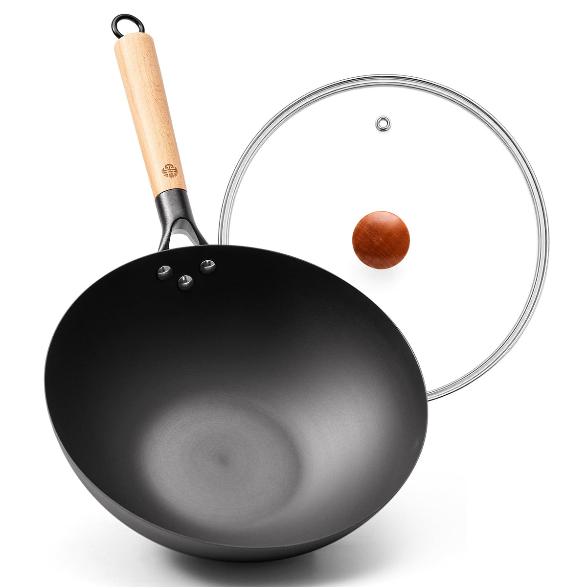 WANGYUANJI 9.5-Inch Carbon Steel Wok with Lid, Flat Bottom Stir Fry Pan