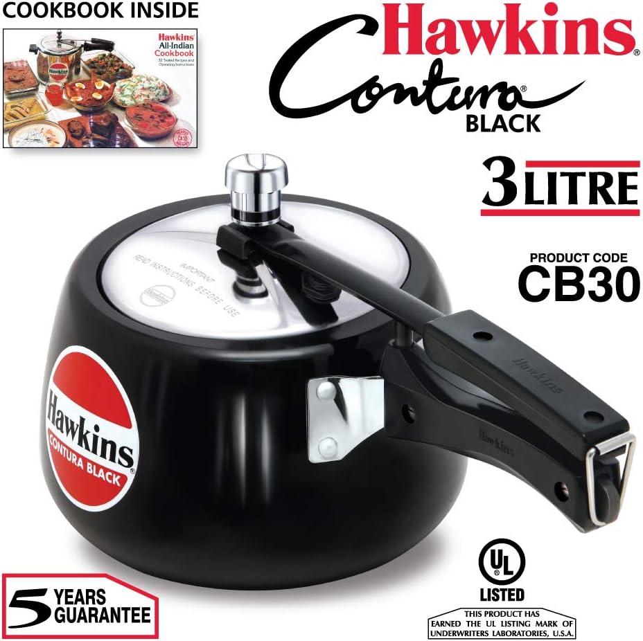 Hawkins 3 Litre Contura Black Pressure Cooker, Hard Anodised Inner Lid Cooker, Handi Cooker, Black (CB30)