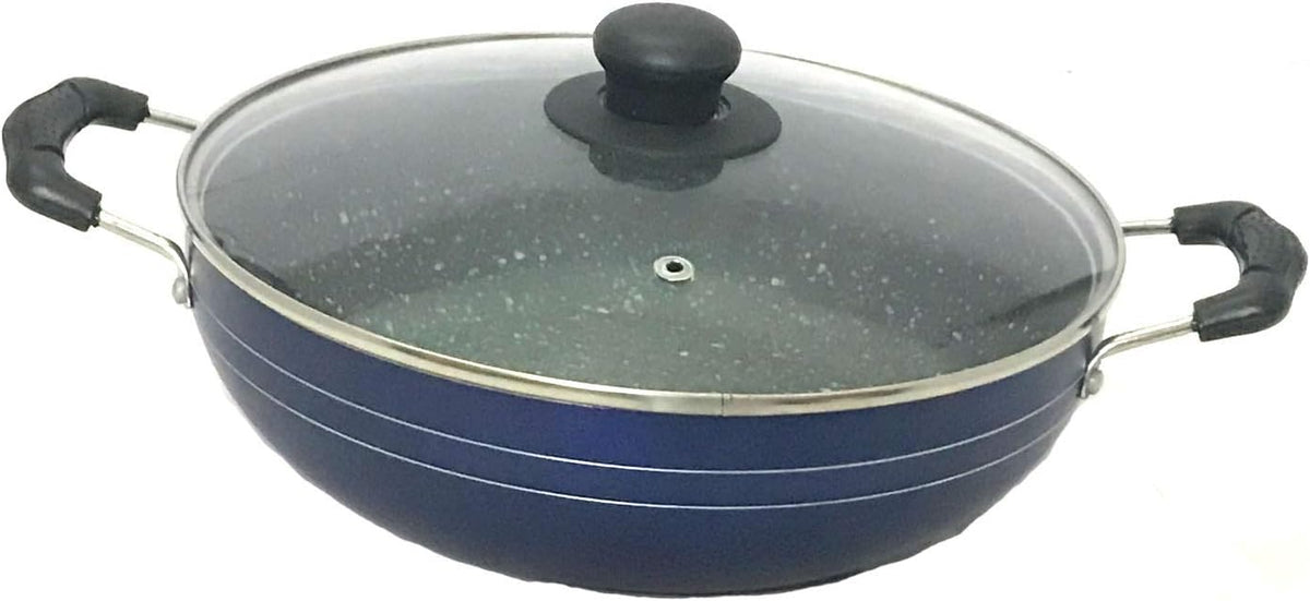 Deep Kadhai Induction Base Non-Stick Kadai with Glass Lid Frying Wok Flat Bottom Non Stick All Purpose Pan Aluminum Kadhai Deep Fry Pan 2.2 litre