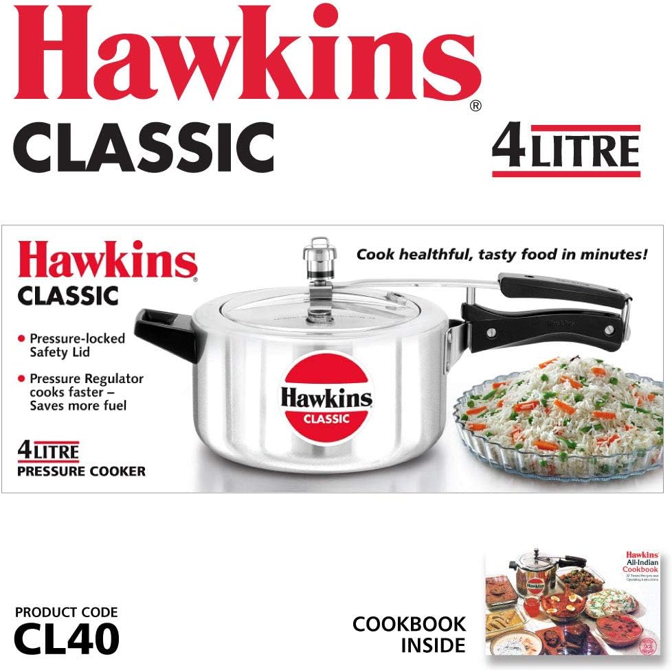 Hawkins 4 Litre Classic Pressure Cooker, Best Inner Lid Cooker, Silver (CL40)