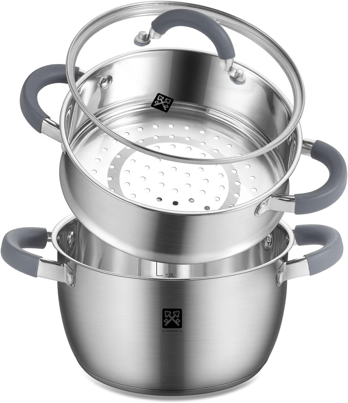 GOLDEN KEY 3.2 QT Steamer Pot With Lid - 2-Tier 18/8 Stainless Steel，Multipurpose Steaming Cookware with Vegetable Steam Basket, Oven & Dishwasher Safe, Triple Bottom for Even Heating, Perfect for Dumplings, Seafood and Vegetables