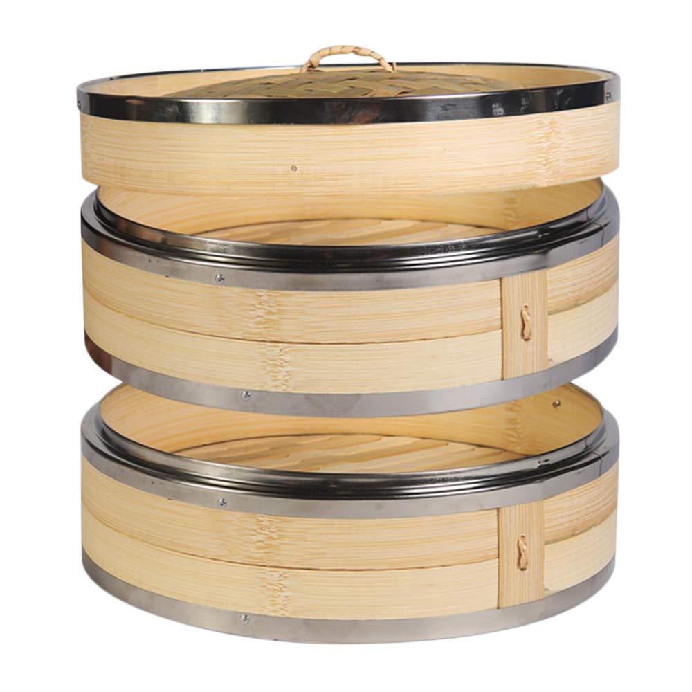2-Tier Kitchen Bamboo Steamer with Stainless Steel Rings for Asian Cooking | Sauce Dish & 2-Chopsticks | Buns Dumplings Vegetables Fish Rice