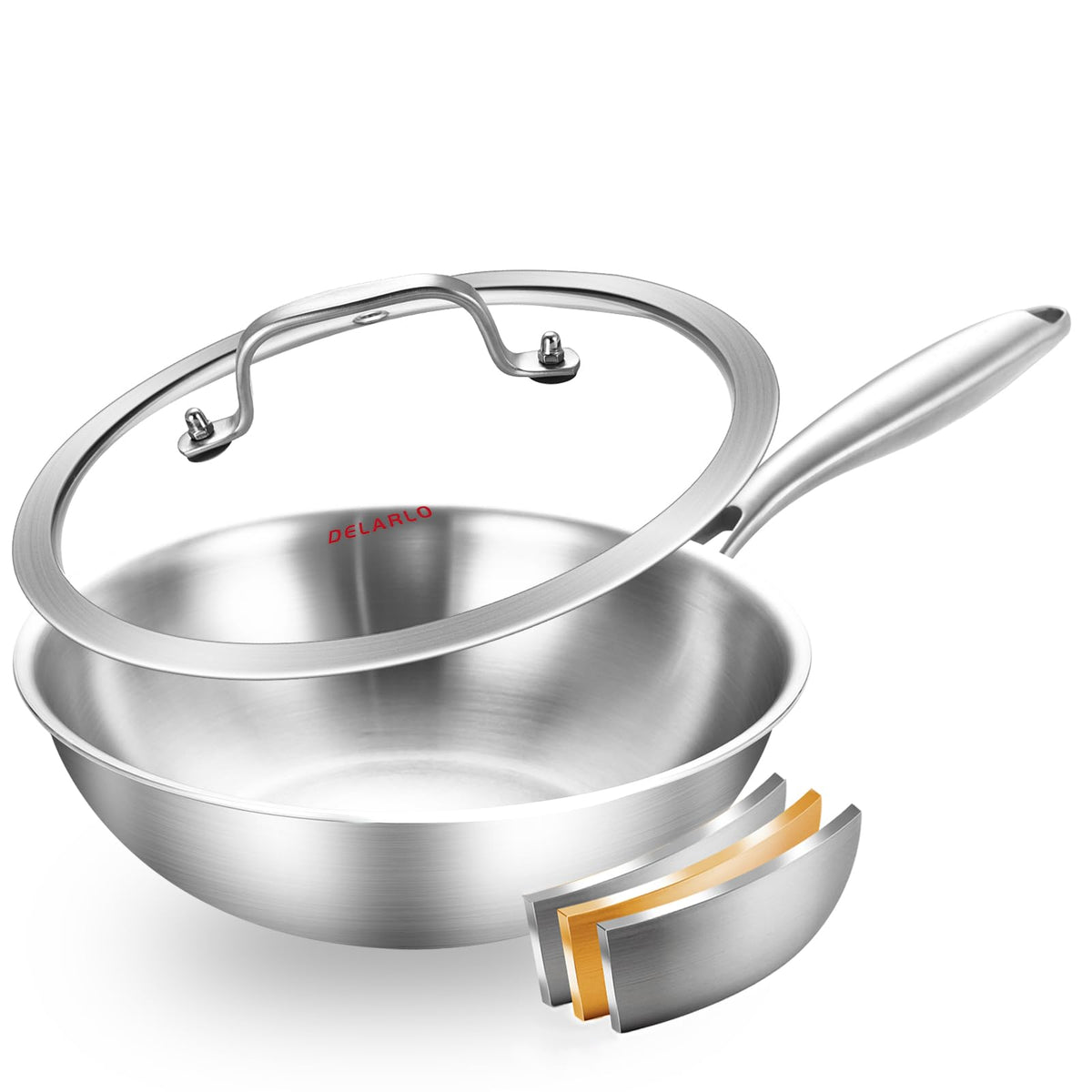 DELARLO Whole Body Tri-Ply Stainless Steel Wok 9.45 inch, Deep Kitchen Stir-Fry Pan, Small Wok Pan with Lids, Induction Mini wok, Suitable for All Stove, Up to 600℉, Detachable Handle